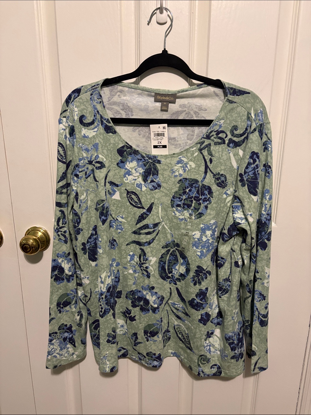 Style & Co. Sage Green And Blue Floral Soft Long Sleeve V-Neck Top